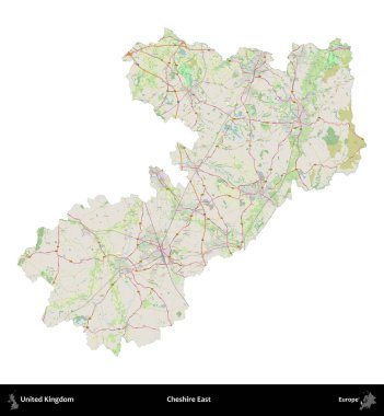 Doğu Cheshire. Birleşik Krallık 'ın idari alanı bir OpenStreetMap Alman stili haritasında beyazda izole edildi