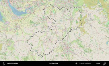 Doğu Cheshire. Bir OpenStreetMap Alman stil haritasında Birleşik Krallık 'ın özetlenmiş idari alanı