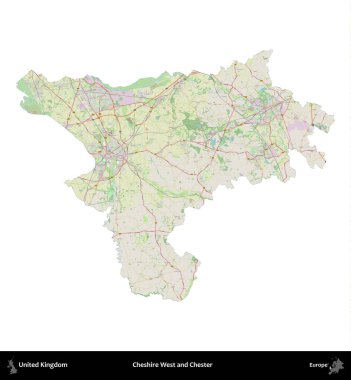 Cheshire West ve Chester. Birleşik Krallık 'ın idari alanı bir OpenStreetMap Alman stili haritasında beyazda izole edildi
