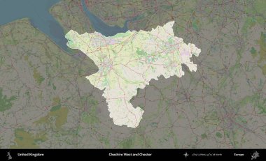 Cheshire West ve Chester. Birleşik Krallık 'ın idari alanı karartılmış bir OpenStreetMap tarzı Alman haritasına vurgulanmış ve özetlenmiştir