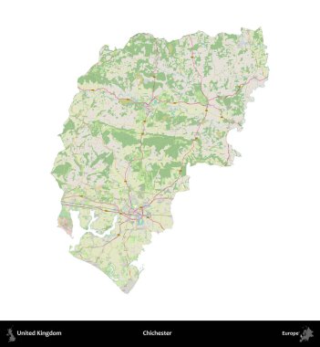 Chichester. Birleşik Krallık 'ın idari alanı bir OpenStreetMap Alman stili haritasında beyazda izole edildi