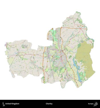 Chorley. Birleşik Krallık 'ın idari alanı bir OpenStreetMap Alman stili haritasında beyazda izole edildi