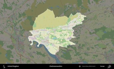 Clackmannanshire. Birleşik Krallık 'ın idari alanı karartılmış bir OpenStreetMap tarzı Alman haritasına vurgulanmış ve özetlenmiştir