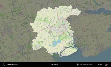 Colchester 'da. Birleşik Krallık 'ın idari alanı karartılmış bir OpenStreetMap tarzı Alman haritasına vurgulanmış ve özetlenmiştir