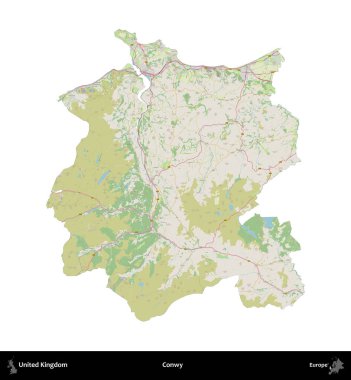 Conwy. Birleşik Krallık 'ın idari alanı bir OpenStreetMap Alman stili haritasında beyazda izole edildi