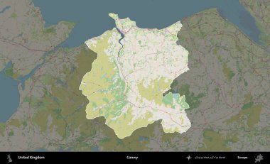 Conwy. Birleşik Krallık 'ın idari alanı karartılmış bir OpenStreetMap tarzı Alman haritasına vurgulanmış ve özetlenmiştir