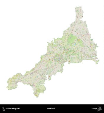 Cornwall 'da. Birleşik Krallık 'ın idari alanı bir OpenStreetMap Alman stili haritasında beyazda izole edildi