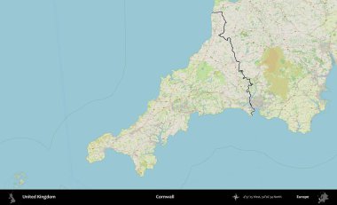 Cornwall 'da. Bir OpenStreetMap Alman stil haritasında Birleşik Krallık 'ın özetlenmiş idari alanı