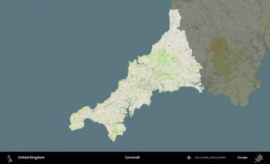 Cornwall 'da. Birleşik Krallık 'ın idari alanı karartılmış bir OpenStreetMap tarzı Alman haritasına vurgulanmış ve özetlenmiştir