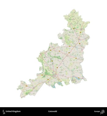 Cotswold. Birleşik Krallık 'ın idari alanı bir OpenStreetMap Alman stili haritasında beyazda izole edildi