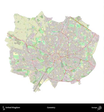 Coventry. Birleşik Krallık 'ın idari alanı bir OpenStreetMap Alman stili haritasında beyazda izole edildi