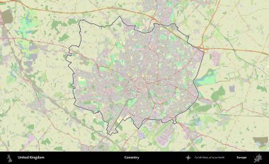 Coventry. Bir OpenStreetMap Alman stil haritasında Birleşik Krallık 'ın özetlenmiş idari alanı