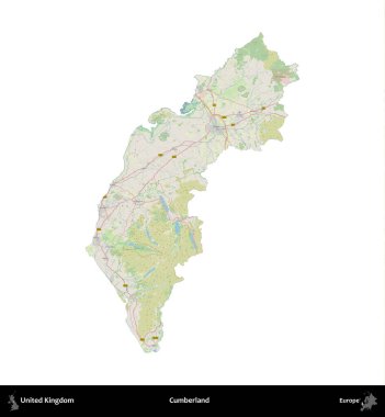 Cumberland. Birleşik Krallık 'ın idari alanı bir OpenStreetMap Alman stili haritasında beyazda izole edildi