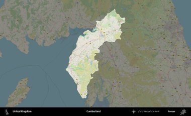 Cumberland. Birleşik Krallık 'ın idari alanı karartılmış bir OpenStreetMap tarzı Alman haritasına vurgulanmış ve özetlenmiştir