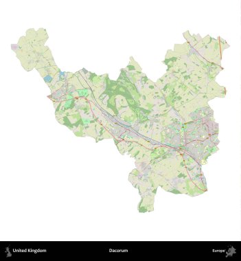 Dacorum. Birleşik Krallık 'ın idari alanı bir OpenStreetMap Alman stili haritasında beyazda izole edildi