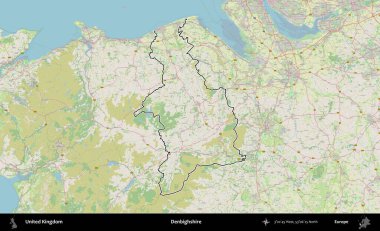 Denbighshire 'da. Bir OpenStreetMap Alman stil haritasında Birleşik Krallık 'ın özetlenmiş idari alanı