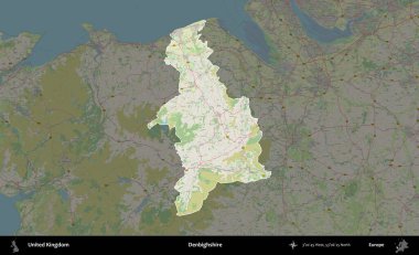 Denbighshire 'da. Birleşik Krallık 'ın idari alanı karartılmış bir OpenStreetMap tarzı Alman haritasına vurgulanmış ve özetlenmiştir