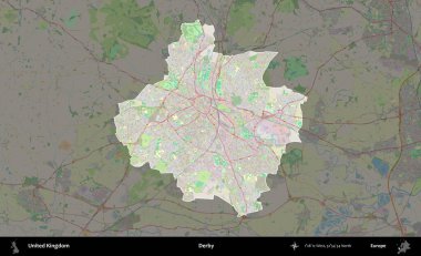 Derbi. Birleşik Krallık 'ın idari alanı karartılmış bir OpenStreetMap tarzı Alman haritasına vurgulanmış ve özetlenmiştir