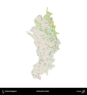 Derbyshire Dales. Birleşik Krallık 'ın idari alanı bir OpenStreetMap Alman stili haritasında beyazda izole edildi