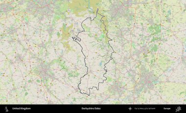Derbyshire Dales. Bir OpenStreetMap Alman stil haritasında Birleşik Krallık 'ın özetlenmiş idari alanı