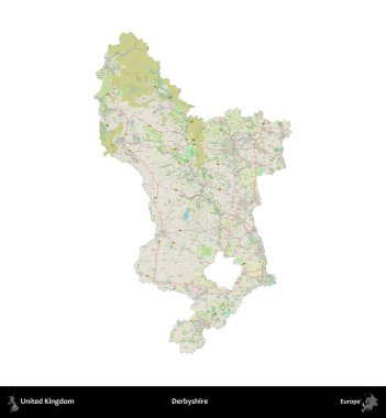 Derbyshire 'da. Birleşik Krallık 'ın idari alanı bir OpenStreetMap Alman stili haritasında beyazda izole edildi