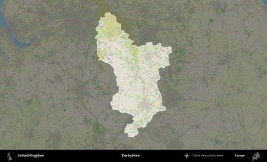 Derbyshire 'da. Birleşik Krallık 'ın idari alanı karartılmış bir OpenStreetMap tarzı Alman haritasına vurgulanmış ve özetlenmiştir