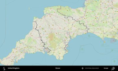 Devon. Bir OpenStreetMap Alman stil haritasında Birleşik Krallık 'ın özetlenmiş idari alanı
