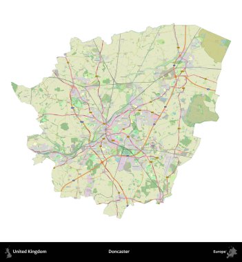 Doncaster 'da. Birleşik Krallık 'ın idari alanı bir OpenStreetMap Alman stili haritasında beyazda izole edildi