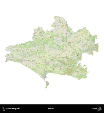 Dorset. Birleşik Krallık 'ın idari alanı bir OpenStreetMap Alman stili haritasında beyazda izole edildi