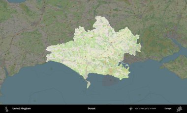 Dorset. Birleşik Krallık 'ın idari alanı karartılmış bir OpenStreetMap tarzı Alman haritasına vurgulanmış ve özetlenmiştir