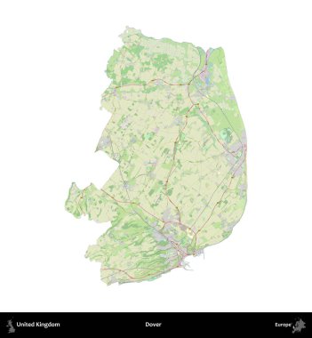 Dover. Birleşik Krallık 'ın idari alanı bir OpenStreetMap Alman stili haritasında beyazda izole edildi