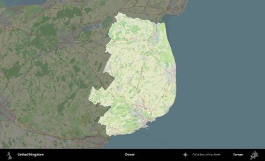 Dover. Birleşik Krallık 'ın idari alanı karartılmış bir OpenStreetMap tarzı Alman haritasına vurgulanmış ve özetlenmiştir