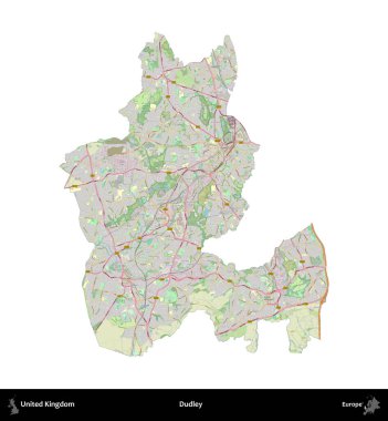 Dudley. Birleşik Krallık 'ın idari alanı bir OpenStreetMap Alman stili haritasında beyazda izole edildi