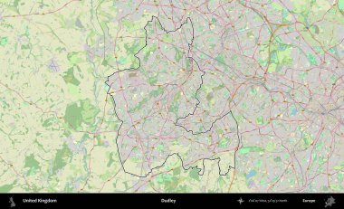 Dudley. Bir OpenStreetMap Alman stil haritasında Birleşik Krallık 'ın özetlenmiş idari alanı