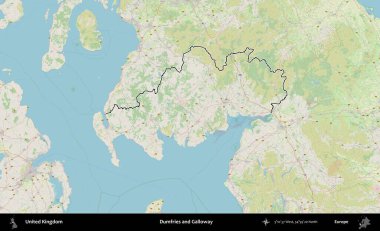 Dumfries ve Galloway. Bir OpenStreetMap Alman stil haritasında Birleşik Krallık 'ın özetlenmiş idari alanı