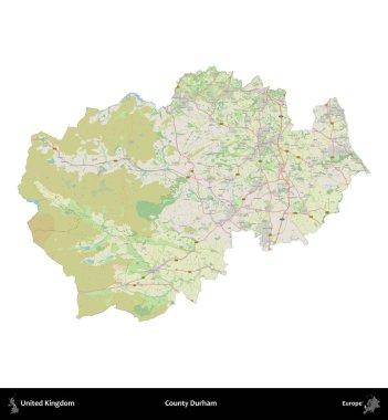 Durham ilçesi. Birleşik Krallık 'ın idari alanı bir OpenStreetMap Alman stili haritasında beyazda izole edildi