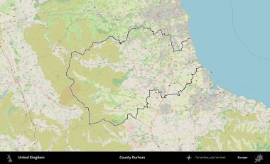 Durham ilçesi. Bir OpenStreetMap Alman stil haritasında Birleşik Krallık 'ın özetlenmiş idari alanı
