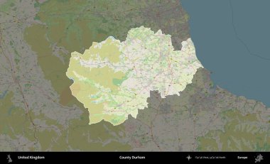 Durham ilçesi. Birleşik Krallık 'ın idari alanı karartılmış bir OpenStreetMap tarzı Alman haritasına vurgulanmış ve özetlenmiştir
