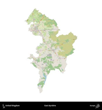 Doğu Ayrshire. Birleşik Krallık 'ın idari alanı bir OpenStreetMap Alman stili haritasında beyazda izole edildi