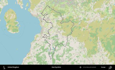 Doğu Ayrshire. Bir OpenStreetMap Alman stil haritasında Birleşik Krallık 'ın özetlenmiş idari alanı