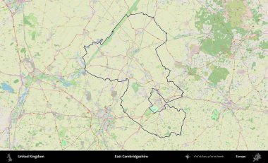 Doğu Cambridgeshire. Bir OpenStreetMap Alman stil haritasında Birleşik Krallık 'ın özetlenmiş idari alanı