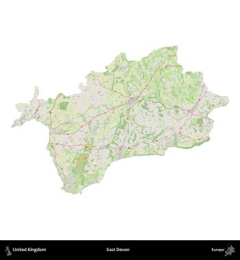 Doğu Devon. Birleşik Krallık 'ın idari alanı bir OpenStreetMap Alman stili haritasında beyazda izole edildi