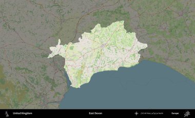 Doğu Devon. Birleşik Krallık 'ın idari alanı karartılmış bir OpenStreetMap tarzı Alman haritasına vurgulanmış ve özetlenmiştir