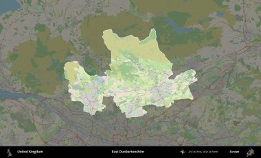 Doğu Dunbartonshire. Birleşik Krallık 'ın idari alanı karartılmış bir OpenStreetMap tarzı Alman haritasına vurgulanmış ve özetlenmiştir