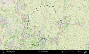 Doğu Hertfordshire. Bir OpenStreetMap Alman stil haritasında Birleşik Krallık 'ın özetlenmiş idari alanı