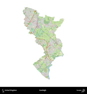 Eastleigh 'de. Birleşik Krallık 'ın idari alanı bir OpenStreetMap Alman stili haritasında beyazda izole edildi