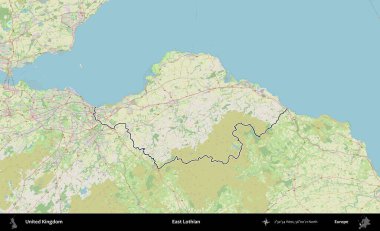 Doğu Lothian. Bir OpenStreetMap Alman stil haritasında Birleşik Krallık 'ın özetlenmiş idari alanı