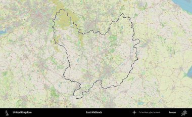 Doğu Midlands. Bir OpenStreetMap Alman stil haritasında Birleşik Krallık 'ın özetlenmiş idari alanı