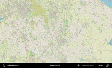 Doğu Midlands. Bir OpenStreetMap Alman stil haritası üzerinde Birleşik Krallık 'ın idari alanı