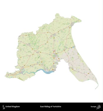 Yorkshire 'ın Doğu Biniciliği. Birleşik Krallık 'ın idari alanı bir OpenStreetMap Alman stili haritasında beyazda izole edildi